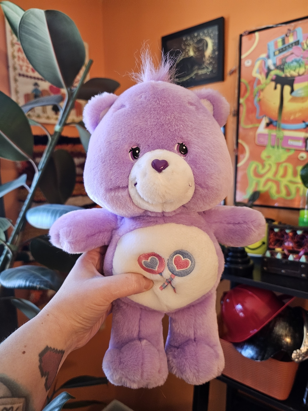 Vintage Y2K Purple Care Bears Share Bear Lollipop Plush Stuffy 2002
